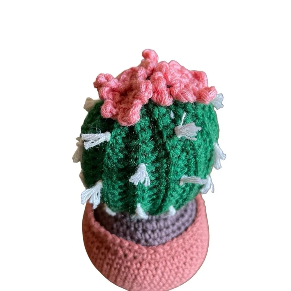 Handmade Crochet Ball Cactus with Pink Flowers Decorative Crocheted Plant Spikes